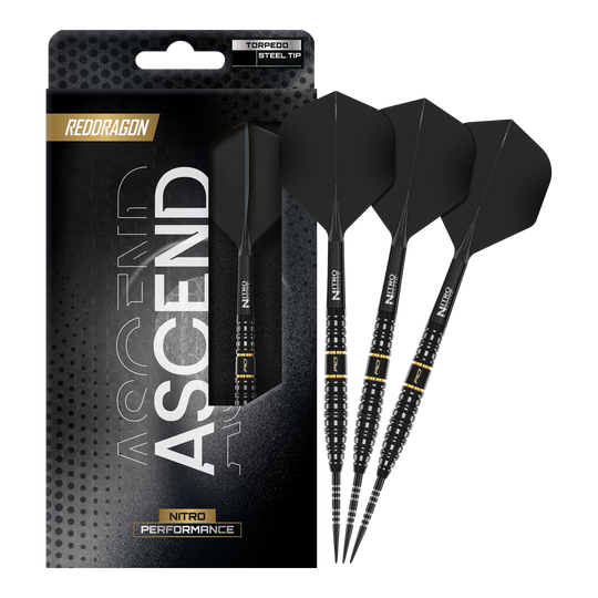 Red Dragon Ascend Torpedo Steel Darts Zu sehen ist das komplette Set der Red Dragon Ascend Torpedo Steeldarts. Die Aufnahme zeigt alle enthaltenen Komponenten des Produkts.