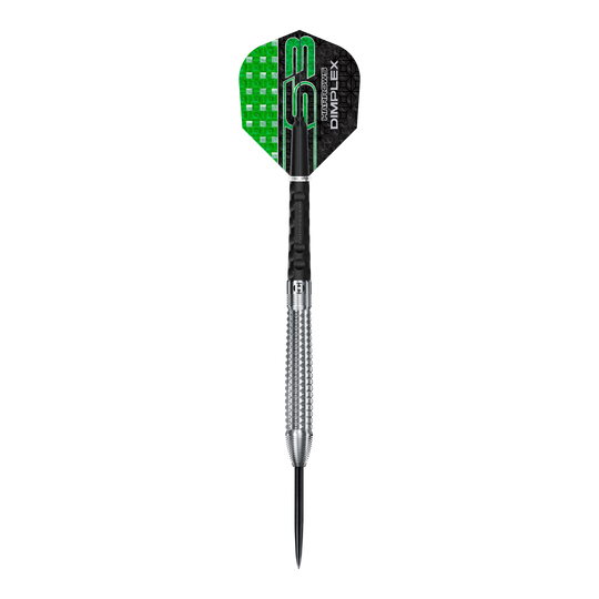 Harrows Dimplex S3 Tapered Steel Darts Auf dem Bild ist ein Harrows Dimplex S3 Tapered Steeldart zu sehen. Der Dartpfeil hat eine silberne, geriffelte Spitze und grün-schwarze Flights.