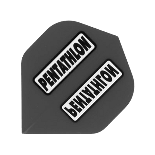 P53_Pentathlon_P53_Grau_Standard_Flights_1 Das Bild zeigt ein graues Dartflight mit der Aufschrift "PENTATHLON" in weiß und schwarz. Es handelt sich um das Modell "Pentathlon P53 Grau Standard Flights".