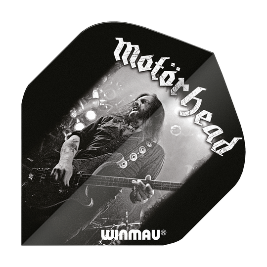 6905-209_Winmau_Rockstar_Legends_Mot-rhead_Lemmy_Standard_Flights_1iBRj8r7LtM5sa Das Bild zeigt ein schwarzes Dartflight mit dem Motiv von Lemmy von Motörhead. Oben steht "Motörhead" und unten ist das Winmau-Logo zu sehen.