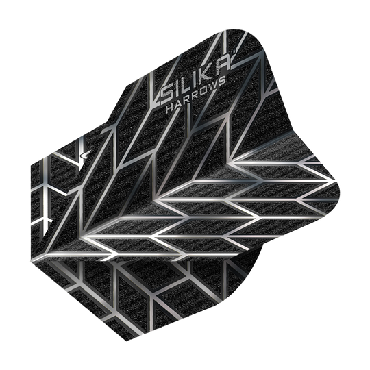 Harrows Silika Monarch No6 Flights in Schwarz und Silber. Die charakteristische Form ist gut erkennbar.