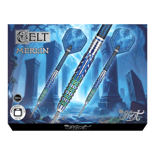 Das Foto zeigt die Shot Celt Merlin Steeldarts aus einer anderen Perspektive. Sie sind aus hochwertigem Material gefertigt.