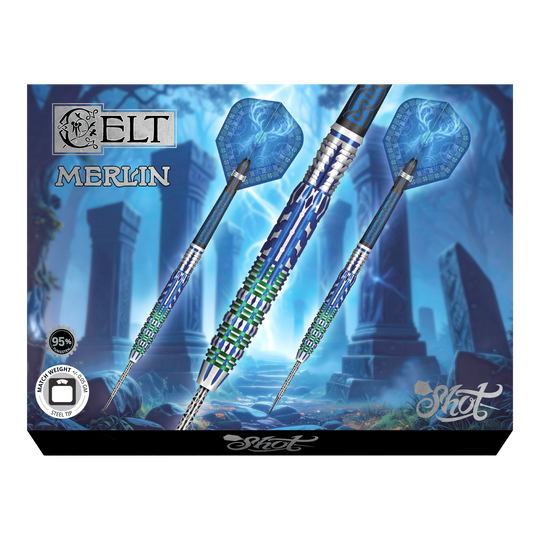 Shot Celt Merlin steel darts Das Foto zeigt die Shot Celt Merlin Steeldarts aus einer anderen Perspektive. Sie sind aus hochwertigem Material gefertigt.
