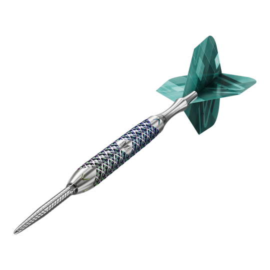 Target Rove 01 Swiss Point steel darts Das Bild zeigt einen Target Rove 01 Swiss Point Steeldart mit silbernem Schaft und blau-grünen Akzenten. Am hinteren Ende befindet sich eine grün gemusterte Dartflügel.