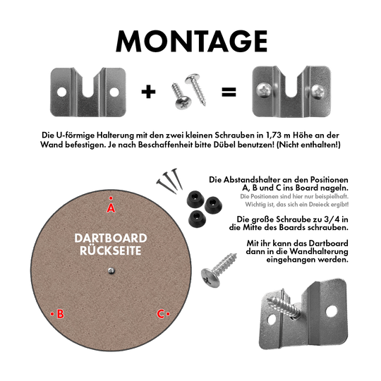 666_Steeldartboard_Wandhalterung_2Ds8lXgAHt5RyR Das Bild zeigt eine Wandhalterung für ein Steeldartboard mit den dazugehörigen Schrauben und Befestigungsteilen. Es wird dargestellt, wie die Halterung an der Wand und am Dartboard montiert wird.