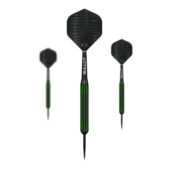Bullet Gator Brass Steel Darts - 22g Auf dem Bild ist ein Set der Bullet Gator Brass Steeldarts - 22g zu sehen. Das Set enthält mehrere Darts mit je 22 Gramm Gewicht.