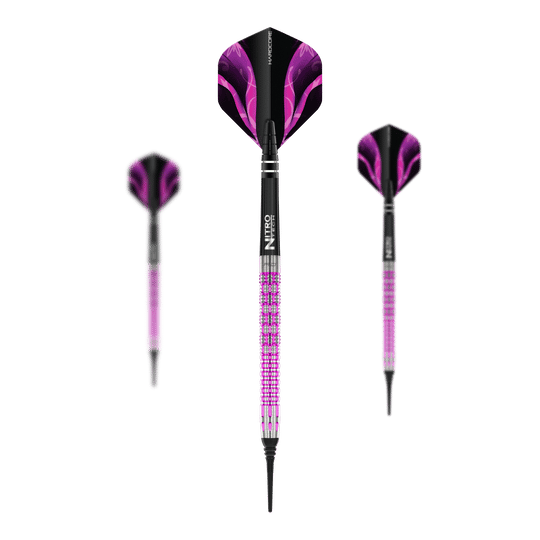 Red Dragon Tyrian Soft Darts - 22g Das Bild zeigt drei Red Dragon Tyrian Softdarts mit einem Gewicht von 22g. Die Darts sind hauptsächlich lila und schwarz gestaltet und haben auffällige Muster auf den Flights.