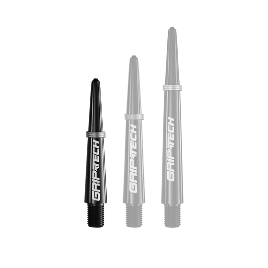 GOAT Griptech Shafts - Black Das Bild zeigt drei schwarze Dartschäfte in unterschiedlichen Längen mit der Aufschrift "GRIPTECH". Sie sind senkrecht nebeneinander angeordnet und haben ein schlichtes, modernes Design.