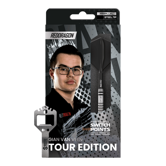 Red Dragon Gian Van Veen Tour Edition Switch Point Steeldarts - 21g Das Bild zeigt die Red Dragon Gian Van Veen Tour Edition Switch Point Steeldarts - 21g. Die Darts haben ein modernes und robustes Design.