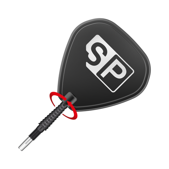 Target Swiss Storm LNC dart tips - Black Das Bild zeigt eine schwarze Dartspitze mit dem weißen „SP“-Logo darauf. Die Spitze ist schräg platziert und durch einen roten Pfeil hervorgehoben.