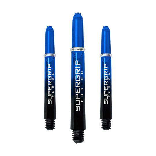 HR337_Harrows_Supergrip_Fusion_Shafts_Blau_40mm_1sE1lQmQRAdrL1 Das Bild zeigt drei blaue Harrows Supergrip Fusion Shafts. Die Shafts sind aus Kunststoff und haben einen glänzenden Schriftzug auf der Seite.