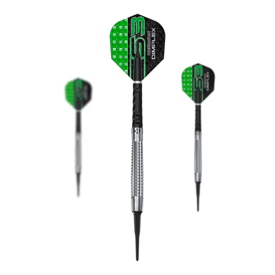 Harrows Dimplex S3 Tapered Soft Darts Das Set Harrows Dimplex S3 Tapered Softdarts wird gezeigt. Die Darts haben ein spezielles Griffdesign.