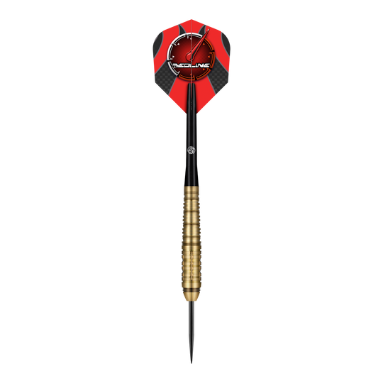 Shot Redline Mach 1 steel darts Das Bild zeigt einen Steeldartpfeil mit goldfarbenem Griff und schwarzer Spitze. Die Dartflügel sind rot-schwarz gestaltet und tragen das "Redline"-Logo.