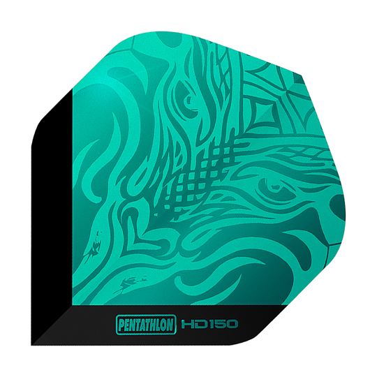Pentathlon HD150 Metallic Aqua Standard Flights Dies ist ein Pentathlon HD150 Metallic Aqua Standard Flight. Das Flight hat ein auffälliges, türkisfarbenes Muster mit schwarzem Rand und Schriftzug.