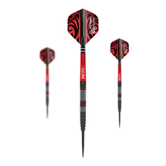 Red Dragon Jonny Clayton Hiraeth steel darts Dieses Bild zeigt die Red Dragon Jonny Clayton Hiraeth Steeldarts. Die Darts haben ein auffälliges rotes und schwarzes Design mit strukturiertem Griff.