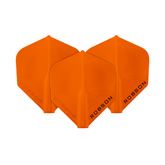 Robson Plus Flights - Standard Das Bild zeigt drei orangefarbene Dartflights. Auf jedem Flight steht das Wort "ROBSON" geschrieben.
