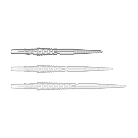 Target Swiss Storm LNC dart tips - silver Auf dem Bild sind drei silberne Dartspitzen nebeneinander zu sehen. Sie haben ein geriffeltes Griffstück und laufen spitz zu.