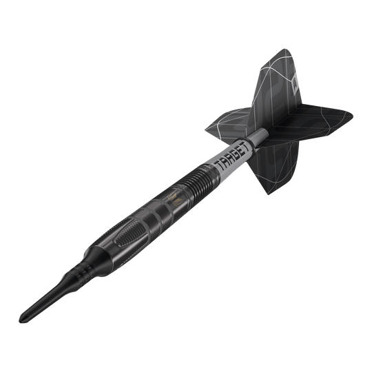 Target Nathan Aspinall X Echo Softdarts - 18g Das Bild zeigt den Softdart „Target Nathan Aspinall X Echo“ mit einem Gewicht von 18 Gramm. Der Dartpfeil ist schwarz und hat ein modernes, geriffeltes Design mit der Aufschrift "TARGET" auf dem Schaft.