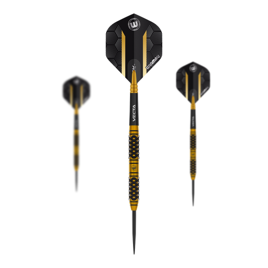 Winmau Team 360 Bradley Van Der Velden Steel Darts - 22g Das Bild zeigt ein Set der Winmau Team 360 Bradley Van Der Velden Steeldarts mit 22g. Das Foto konzentriert sich auf die Zusammenstellung des Dartsets.