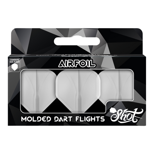Auf dem Bild ist eine Packung mit geformten Dart-Flights der Marke Shot zu sehen. Die Flights sind durchsichtig und in einer schwarzen Verpackung mit der Aufschrift "Airfoil" präsentiert.