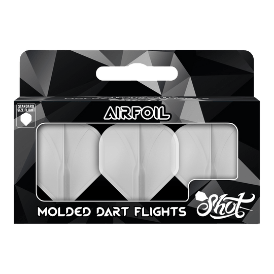 Shot Airfoil Molded No2 Standard Flights Auf dem Bild ist eine Packung mit geformten Dart-Flights der Marke Shot zu sehen. Die Flights sind durchsichtig und in einer schwarzen Verpackung mit der Aufschrift "Airfoil" präsentiert.