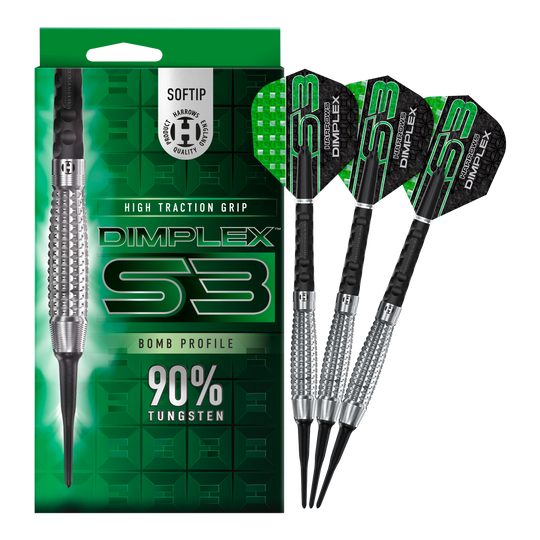 Harrows Dimplex S3 Bomb soft darts Auf dem Bild sind die Harrows Dimplex S3 Bomb Softdarts und ihre Verpackung zu sehen. Die Darts haben einen hohen Grip und bestehen zu 90% aus Tungsten.