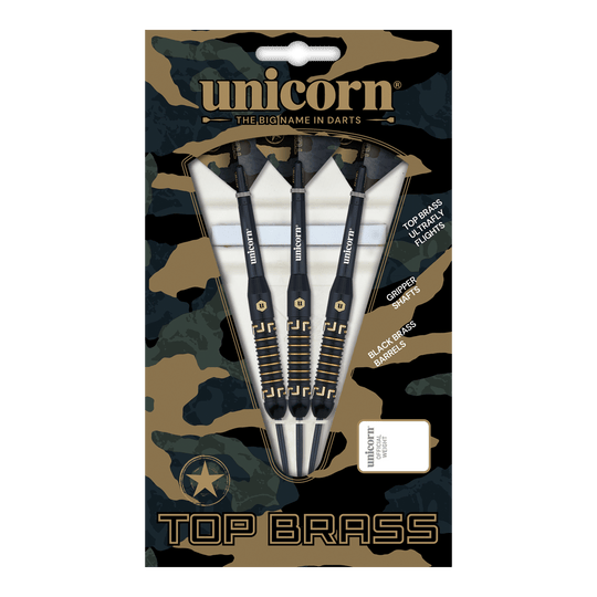 Unicorn Top Brass V1 Steeldarts - 20g Das Bild zeigt die "Unicorn Top Brass V1 Steeldarts - 20g" in einer Verpackung mit Tarnmuster. Die Packung enthält drei schwarze Darts mit goldfarbenen Details.