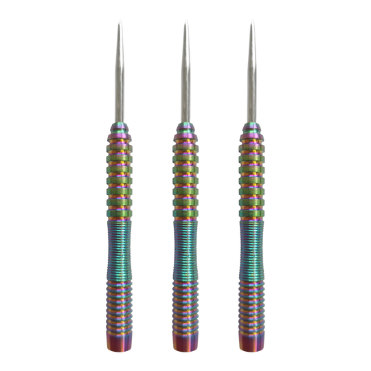 Hier ist das Produkt McDart Rainbow 3 Steeldart-Barrels - 22g abgebildet. Das Set enthält Steeldart-Barrels im bunten Look.