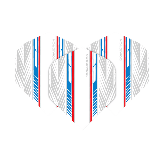 Pentathlon Flights white/blue/red Das Bild zeigt die Pentathlon White Blue Red No2 Standard Flights. Sie haben ein weißes Design mit blauen und roten Streifen sowie grauen Mustern.