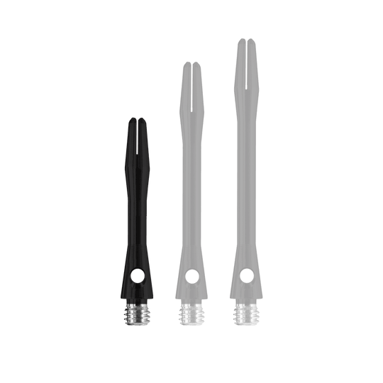 HR366_Harrows_Keramic_Shafts_Schwarz_35mm_1 Das Bild zeigt drei Harrows Keramic Shafts in Matt Schwarz, jeweils in unterschiedlicher Länge. Die Schäfte haben ein glänzendes schwarzes Design mit silbernen Gewinden am unteren Ende.