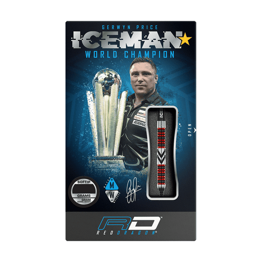 RD2569_Red_Dragon_Gerwyn_Price_Firebird_Softdarts_3 Auf dem Bild ist die Verpackung der "Red Dragon Gerwyn Price Firebird Softdarts - 20g" zu sehen. Die Verpackung zeigt einen Dartpfeil, einen Weltmeister-Pokal und ein Porträt von Gerwyn Price.