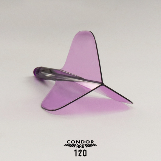 Condor Axe 120 Flight-System Clear Purple - Standard Das Bild zeigt ein durchsichtiges, lila Dartflight-System mit dem Namen "Condor Axe 120". Das Flight hat eine Standardform und liegt auf einer hellen Oberfläche.