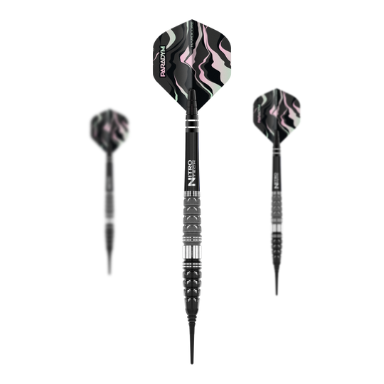 Red Dragon Paradym Torpedo Soft Darts - 20g Das Bild zeigt drei Softdarts des Modells "Red Dragon Paradym Torpedo - 20g". Die Darts haben schwarze, silberne und gemusterte Flights mit einem modernen Design.