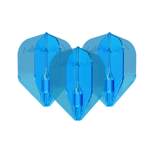 L-Style Fantom L3EZ Flights Blue Das Bild zeigt drei blaue L-Style Fantom L3EZ Flights für Dartpfeile. Sie sind nebeneinander angeordnet und haben eine glänzende Oberfläche.