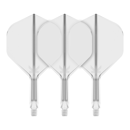 Target K-Flex No2 Standard Flight System - Clear Auf dem Bild sind drei transparente Dart-Flights mit Standardform zu sehen. Sie sind nebeneinander angeordnet und haben klare, glatte Kanten.