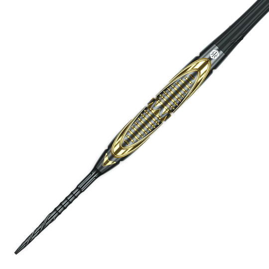 Das Bild zeigt die Caliburn Halo H2 Steeldarts mit einem Gewicht von 22,5g. Die Darts sind detailliert abgebildet.