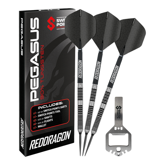 Red Dragon Pegasus Switch Point Steel Darts Abgebildet sind Red Dragon Pegasus Switch Point Steeldarts. Diese Darts sind robust und für verschiedene Spielniveaus geeignet.