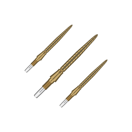 Target Swiss Storm Quartz Dart Tips - Gold Auf dem Bild sind drei goldfarbene Dartspitzen zu sehen. Sie sind schlank, haben ein geriffeltes Design und haben vorne eine silberne Spitze.