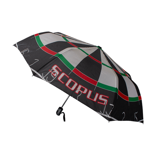 SCHIRM-McDart-Dartboard-Regenschirm-18OyjamhPLMvNN Dieser Regenschirm ist mit einem Dartboard-Muster bedruckt. Auf dem Schirm steht das Wort "SCORUS" in großen roten Buchstaben.
