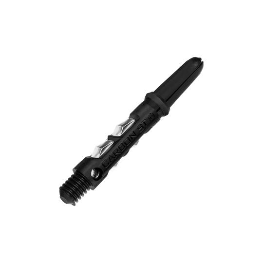 HR416_Harrows_Carbon_ST_Shafts_Clear_33mm_2 Das Bild zeigt einen Harrows Carbon ST Shaft in der Farbe Clear. Der Schaft hat ein modernes Design mit sichtbaren Carbon-Elementen und einer klaren Beschriftung.