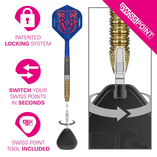 Target Raymond Van Barneveld GEN6 Swiss Point steel darts Das Bild zeigt die Target Raymond Van Barneveld GEN6 Swiss Point Steeldarts. Die Darts sind hochwertig verarbeitet und speziell für professionelle Spieler entwickelt.
