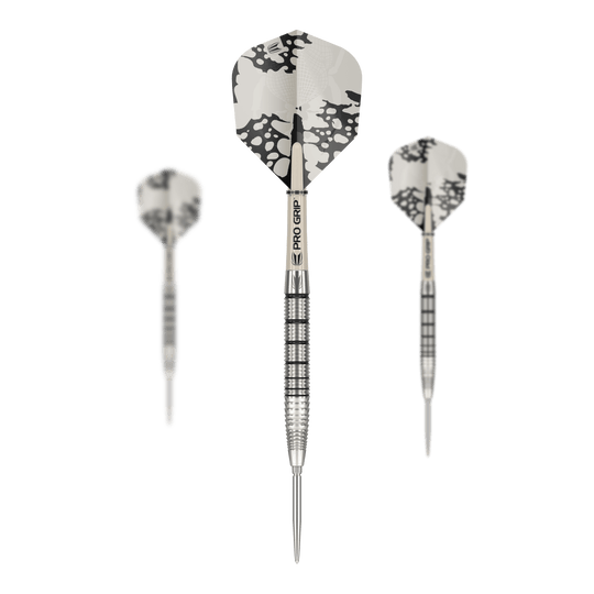 Target EXO SP02 Swiss Point steel darts Das Bild zeigt drei Target EXO SP02 Swiss Point Steeldarts mit modernen, silbernen Flights. Die Darts haben einen geriffelten Griff und sind mit dem Schriftzug "PRO GRIP" versehen.