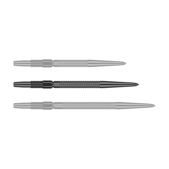Das Bild zeigt drei schwarze Dartspitzen des Produkts "Target Swiss Point GRD Black Dartspitzen". Sie sind nebeneinander angeordnet und haben eine strukturierte Oberfläche.