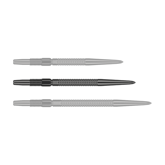 Target Swiss Point Nano Dartspitzen - Black Das Bild zeigt drei schwarze Dartspitzen des Produkts "Target Swiss Point GRD Black Dartspitzen". Sie sind nebeneinander angeordnet und haben eine strukturierte Oberfläche.