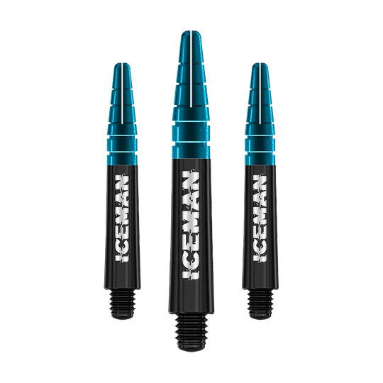 C636_Red_Dragon_Nitrotech_Gerwyn_Price_Shafts_Black_36mm_1SZBR6AcD9Ny6L Das Bild zeigt drei schwarze und blaue Dart-Schäfte mit der Aufschrift "ICEMAN". Es handelt sich um das Produkt "Red Dragon Nitrotech Gerwyn Price Black Shafts".