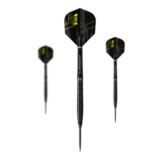 Harrows NX90 Black Edition Tapered Quick Point Steel Darts Abgebildet sind die Harrows NX90 Black Edition Tapered Quick Point Steeldarts als Set. Das Bild zeigt die Zusammenstellung der Darts.