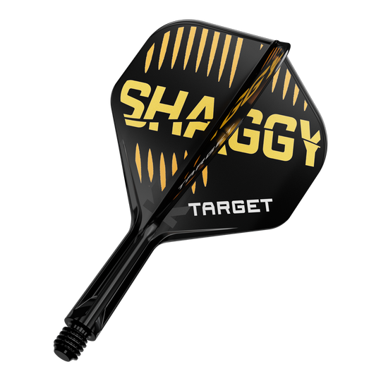 Target K-Flex Scott Williams No2 Standard Flight Shaft System Das Bild zeigt eine schwarze Dartflügel mit gelben und weißen Aufschriften. Auf dem Flügel stehen die Worte "SHAGGY" und "TARGET".
