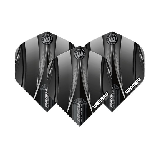 Das Bild zeigt drei schwarze Dart-Flights der Marke Winmau mit dem Namen "Alpha Sniper". Die Flights haben ein modernes, glänzendes Design mit silbernen und weißen Akzenten.