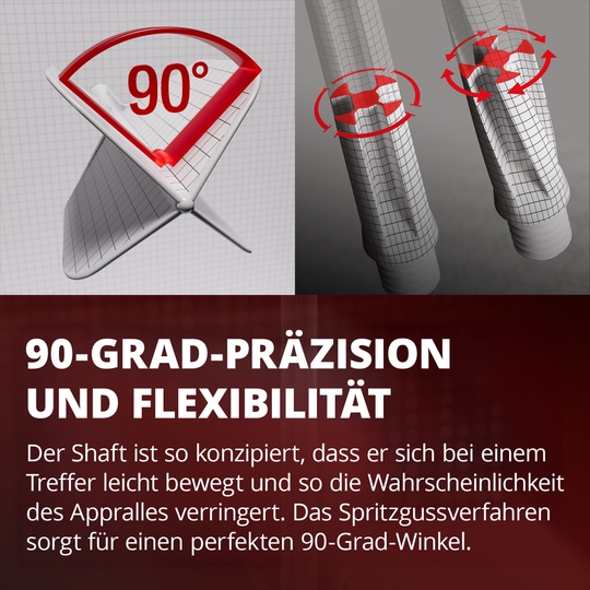 Target K-Flex Dimitri Van Den Bergh No2 Standard Flight Shaft System Das Bild zeigt eine Grafik mit einem 90-Grad-Winkel und einer flexiblen Bewegung von zwei Schäften. Darunter steht ein Text, der die Präzision und Flexibilität des Designs beschreibt.