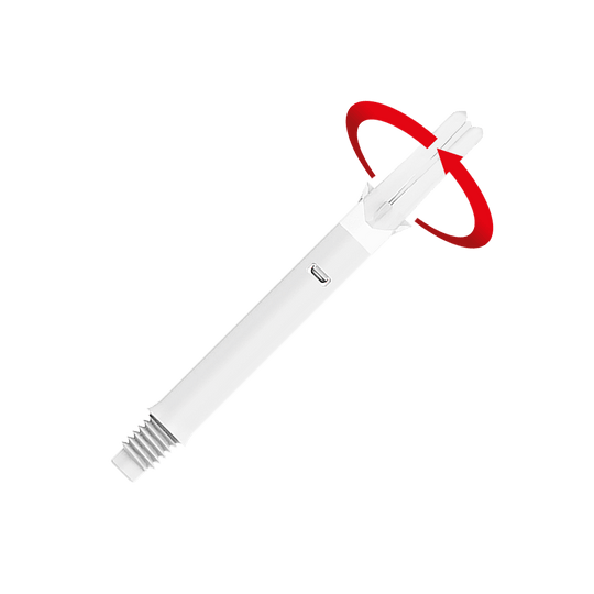 L-L-Style-Shafts Silent Straight - White Das Bild zeigt einen weißen Dartshaft ohne Kappen. Ein roter Pfeil deutet darauf hin, dass sich das obere Ende drehen kann.